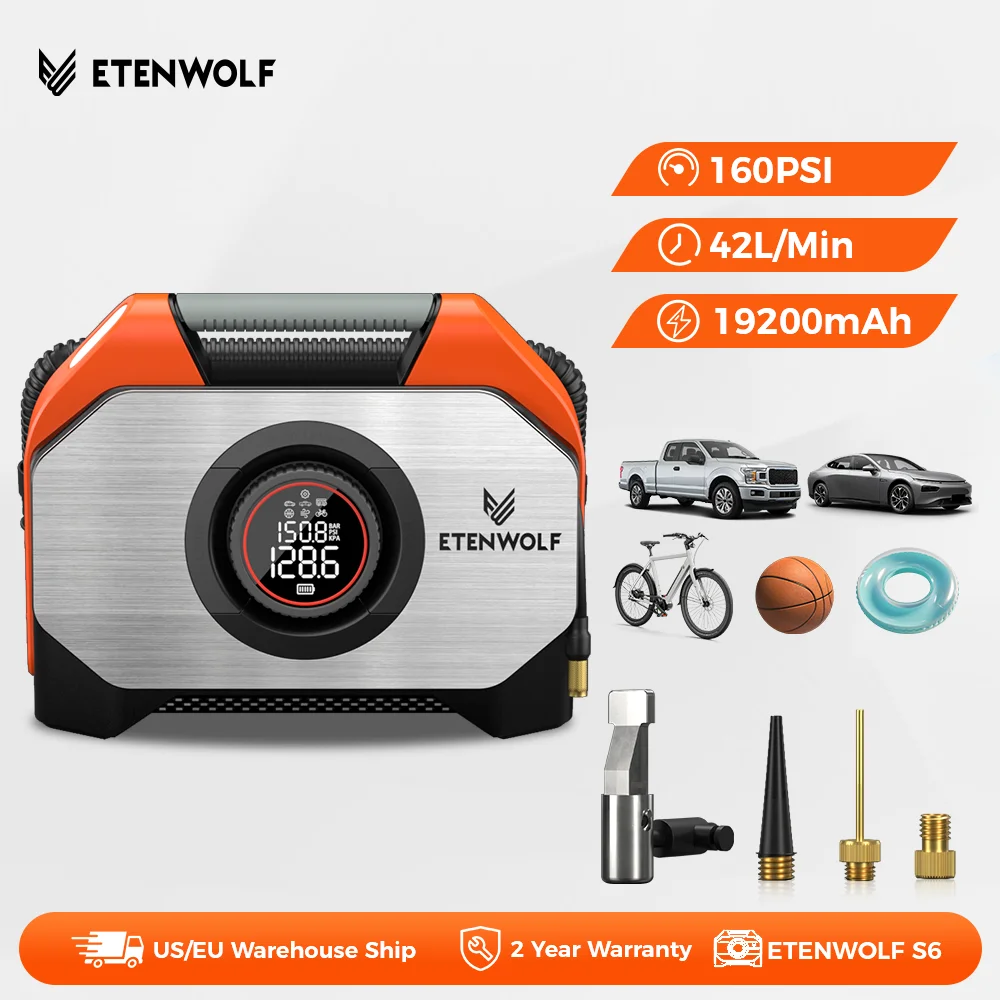 

ETENWOLF VORTEX S6 Портативный воздушный компрессор 100% рабочий цикл и двухцилиндровый 19200 мАч Автомобильный насос для накачивания шин Велосипедный насос Воздушный насос