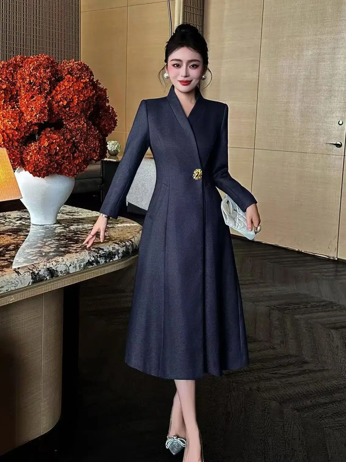 High-end elegant office business style waist buckle wool blend trench coat