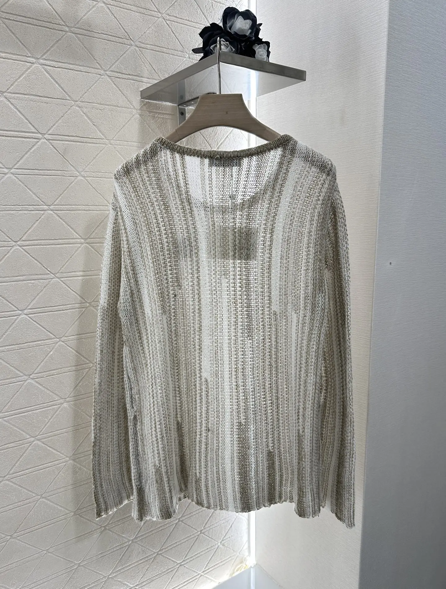 

2025 New Women's Clothing Wool Woven Belt Striped Long Hollow Texture Interwoven Knitted Lace-up Waist Top Coat