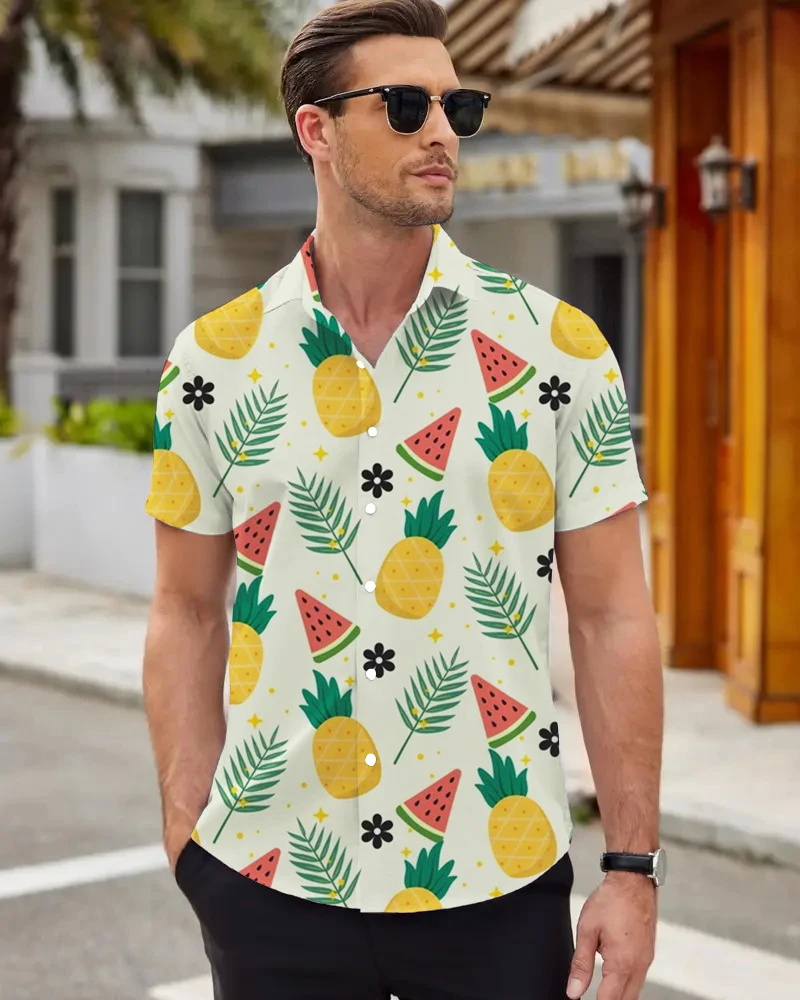 Men's Large Size Casual Shirt Tropical Fruit 3D Printed Short Sleeve Collar Top, Summer Holiday Style Beach Short Sleeve Shirt