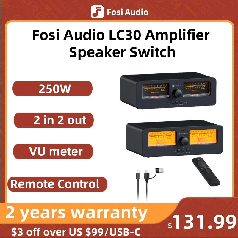 Fosi Audio LC30 Amplifier Speaker Switcher 2-in-2 Out Dual Analog VU Meter Audio Switcher Box with DB Panel Display with Remote