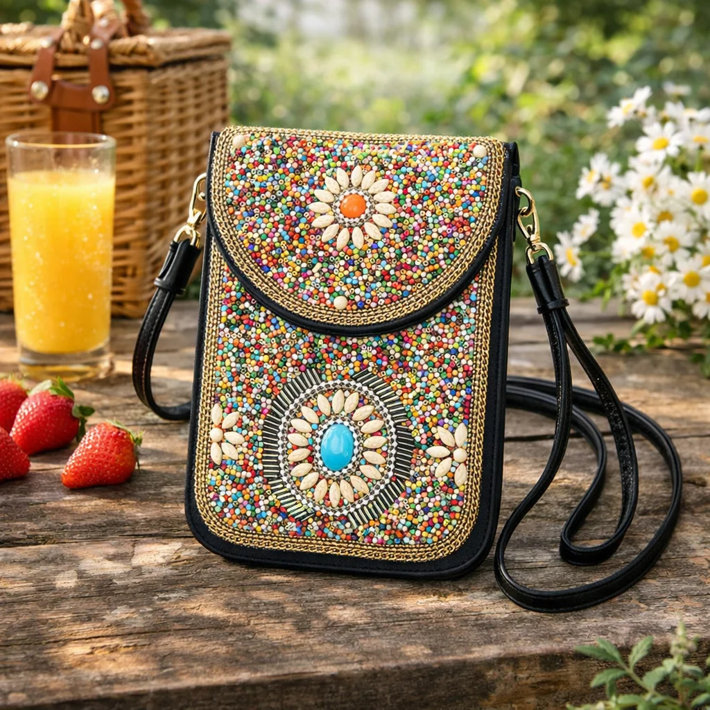 Beaded Crossbody Phone Bag for Women Leather Mobile Pouch Boho Shoulder Wallet Handmade Mini Purse for iPhone view 3