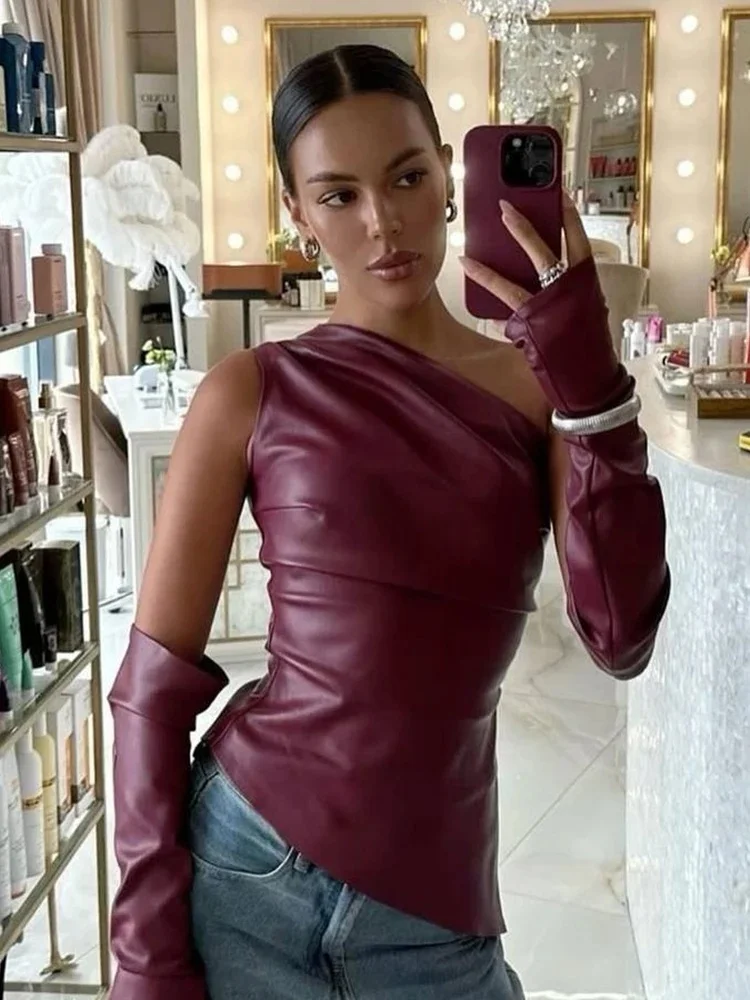 TARUXY Kamizelka bez rękawów ze skóry PU z rękawami Dwa kawałki dla kobiet Streetwear Fashion Slim Crop Tops Punk Style — zdjęcie 2