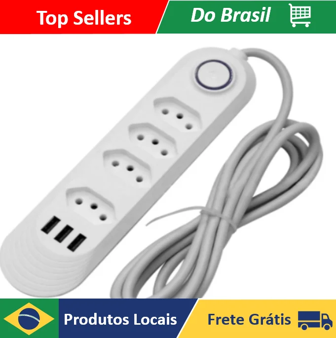 NEVERDIE STORE - Extensão Elétrica 2m Com 3/4 Tomadas e 3 Entradas USB com Botão ENVIO RAPIDO PARA TODO O BRASIL