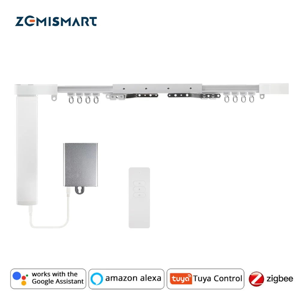 Zemismart Zigbee Smart Curtain Motor Tuya Remote Control Customized Slide Curtain Track Charge with Battery Alexa Google Home