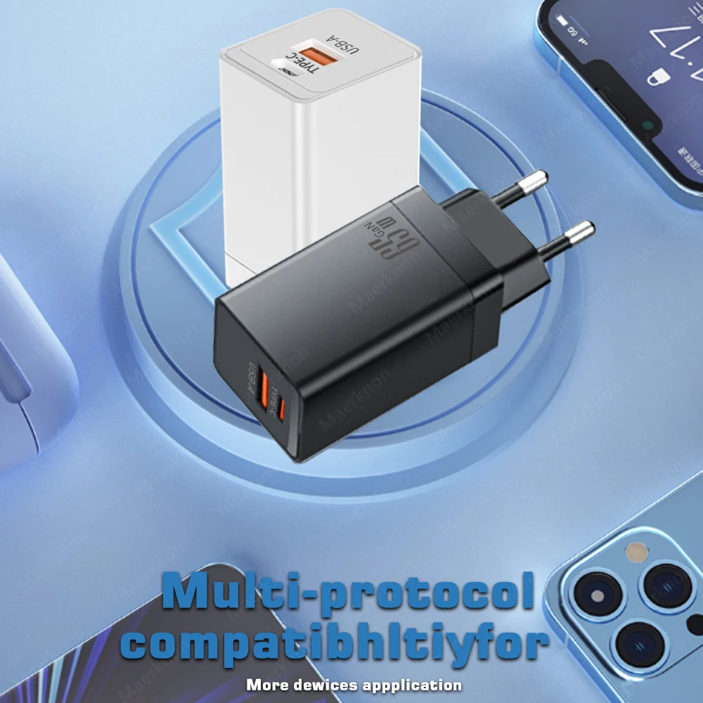 GaN 65W USB Charger Quick Charge3.0 Type C PD Phone Charger Adapter For iPhone 15 14 13 Samsung Xiaomi Realme USB C Wall Charger