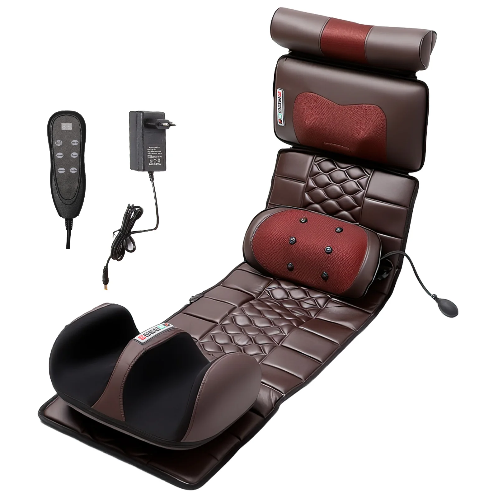 Elektrische full body massagematras met verwarming, handbediening, airbag, rugmassage, vibratie en massagekussen.