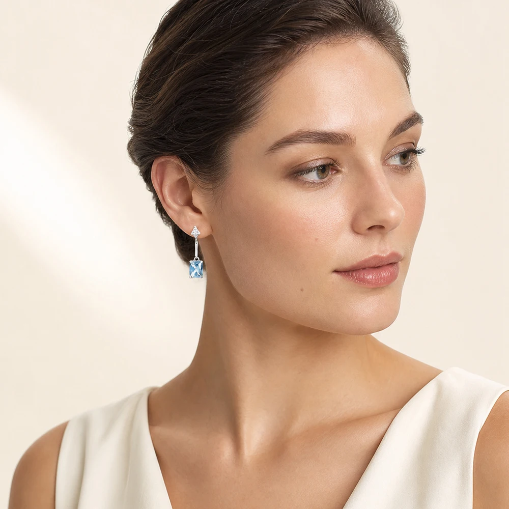 Tropfenohrringe, quadratisch, Aquamarin, europäischer Stil, edler Schmuck, trendiges Geschenk für Frauen aus 925er Sterlingsilber – Detail 1