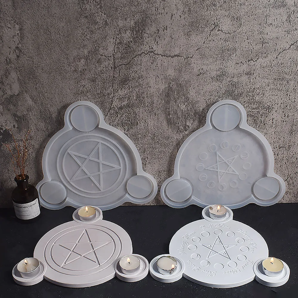 Gypsum Divination Candlestick Altar Plate Silicone Mold Pentagram Moon Eclipse Candle Holder Tray Resin Mold for Home Decor