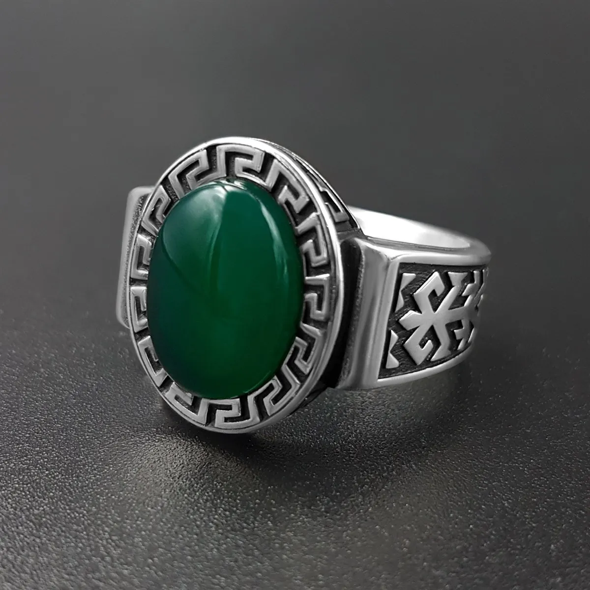 

Elegant Solid 925 Sterling Silver Greek Design Oval Green Agate(aqeeq) Stone Motif Men's Ring Accessory Handmade Jewelry Gift