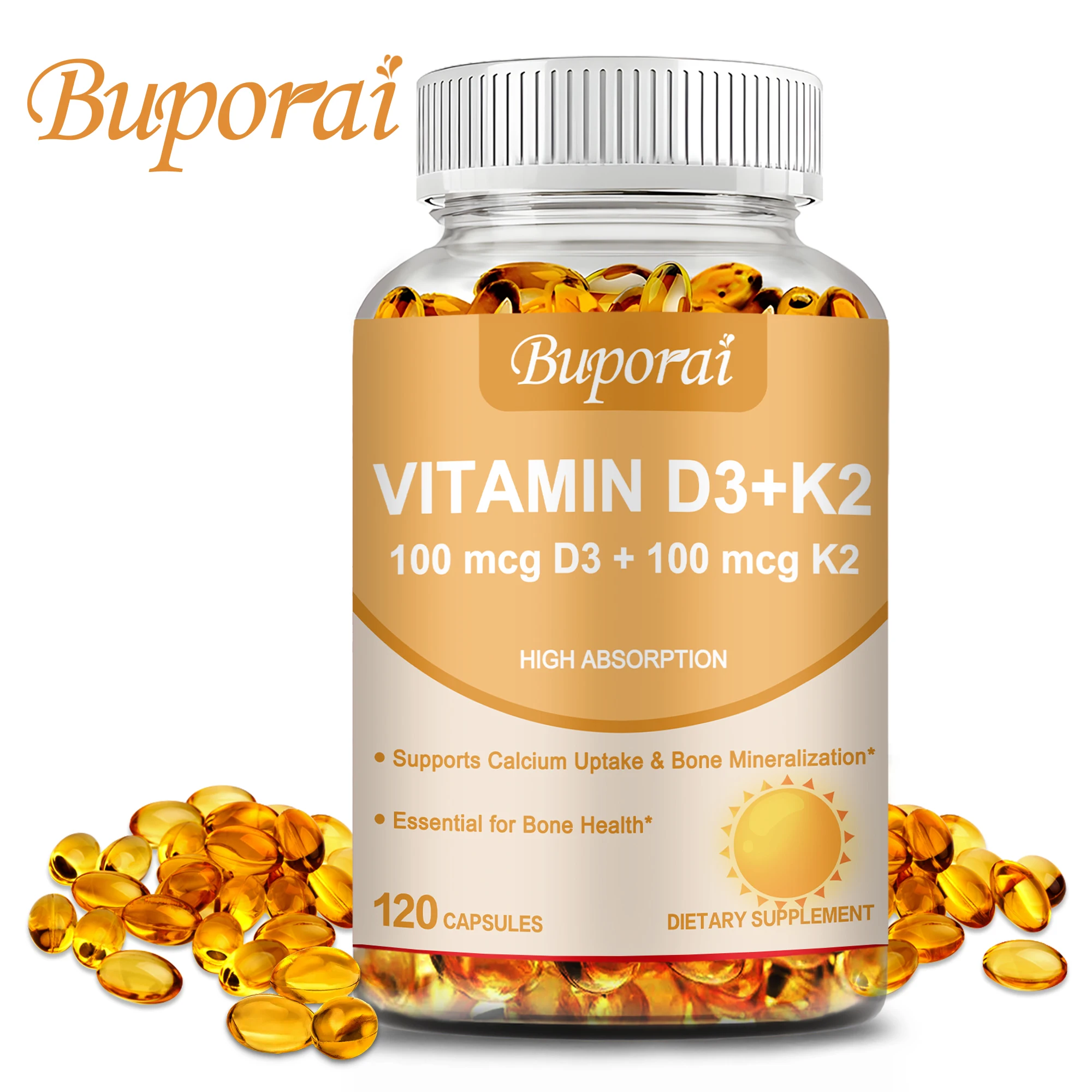 Vitamin D3 + K2 - Promote Calcium Absorption for Strong Bone, Joint, Skin, Immune, Vision and Heart Health - 120 Capsules