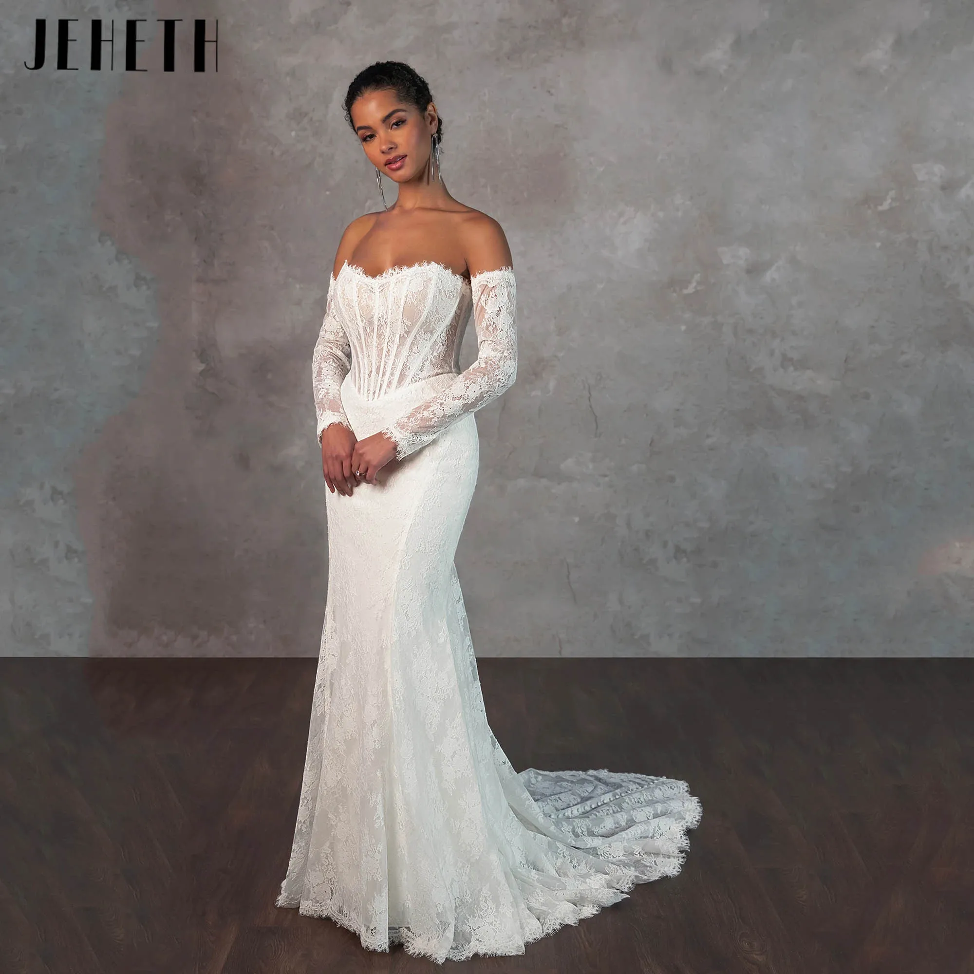 

JEHETH Strapless Lace Wedding Dress With Detachable Lace Sleeves Classic Bridal Gown Elegant Mermaid vestido de novia Customized