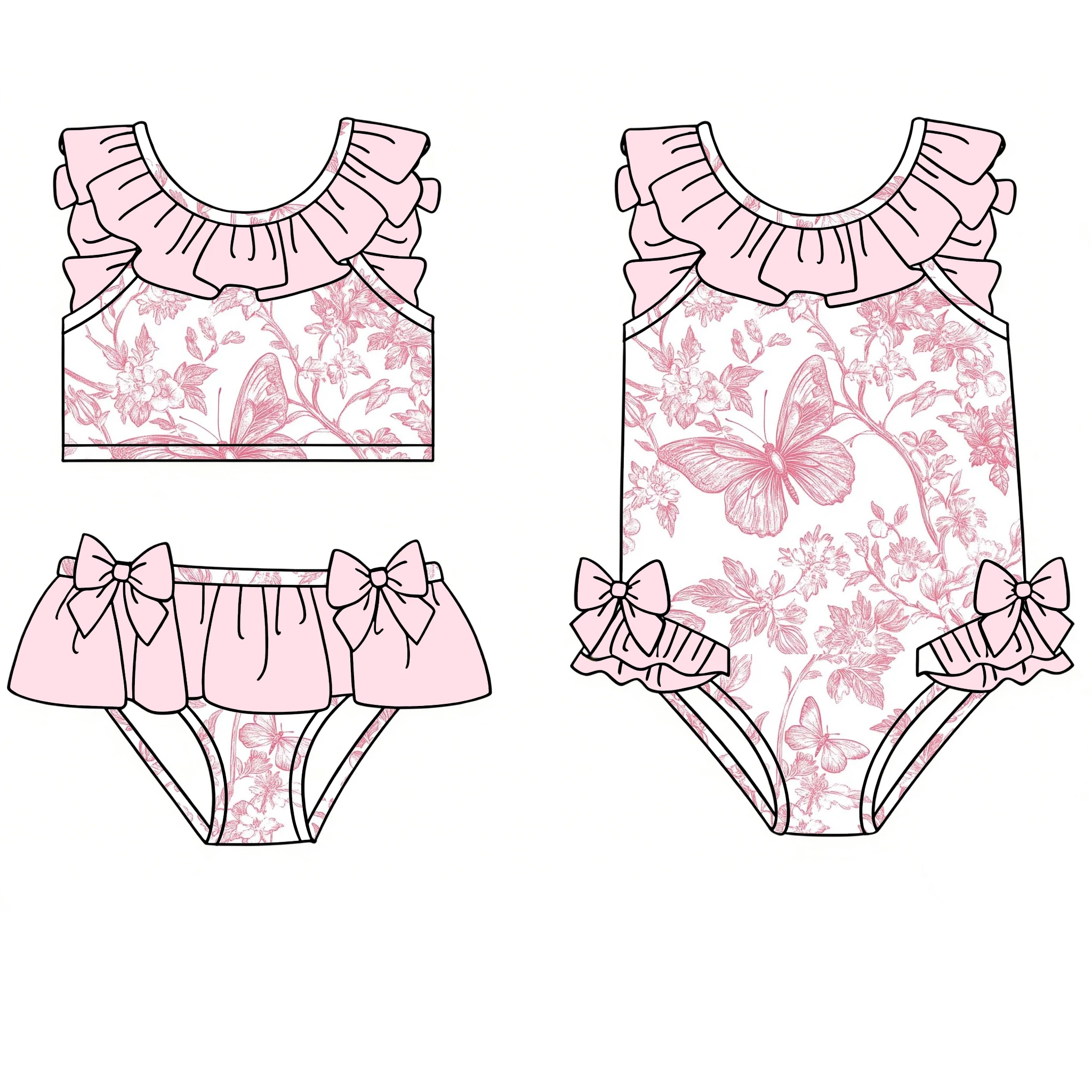 New Boutique Swimwear Sleeveless Ruffled Styles Girls Bow Decorate Flowers Butterflies Print Swimsuit Swimsuit Sets Milk Silk