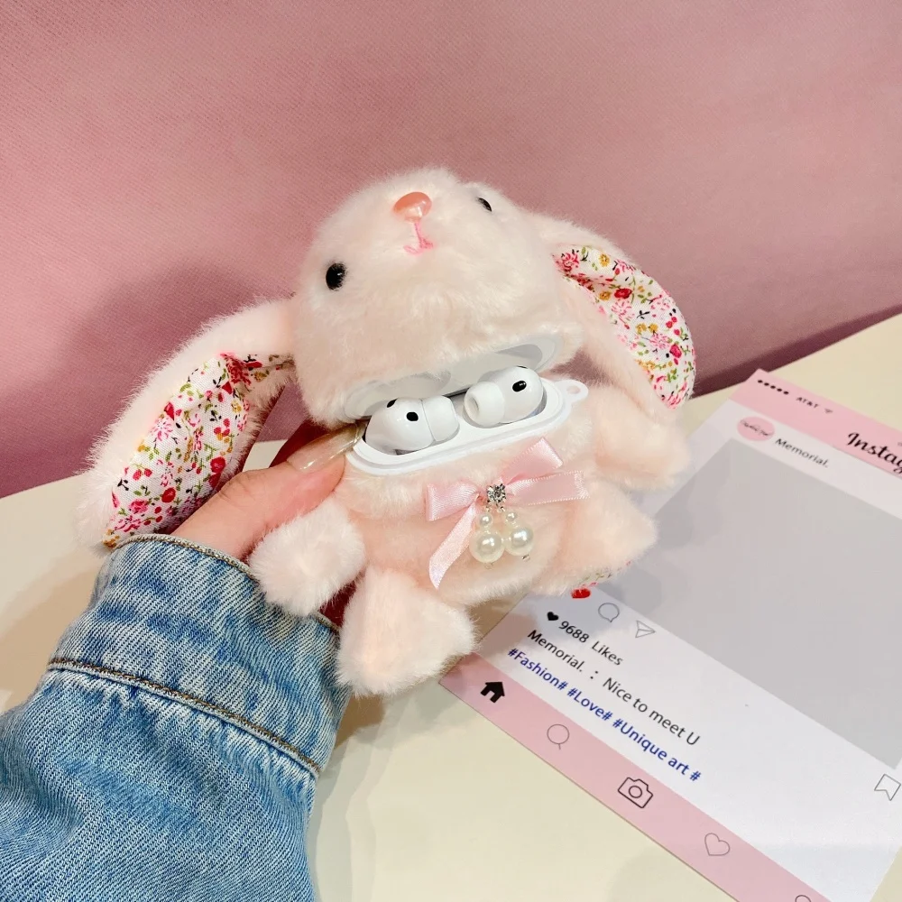 New Fashion Cute Pink Plush Big Ear Rabbit Headphone Case for Apple AirPods 2 3 4 Pro2 Pro3 Protective Case Sweet INS Girls Gift view 3