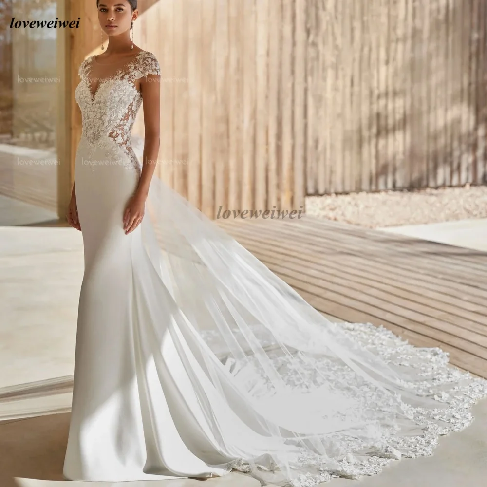 Abiti da sposa classici eleganti a sirena personalizzati Appliques maniche ad aletta Abiti da sposa senza schienale Abito da sposa vestido de novia