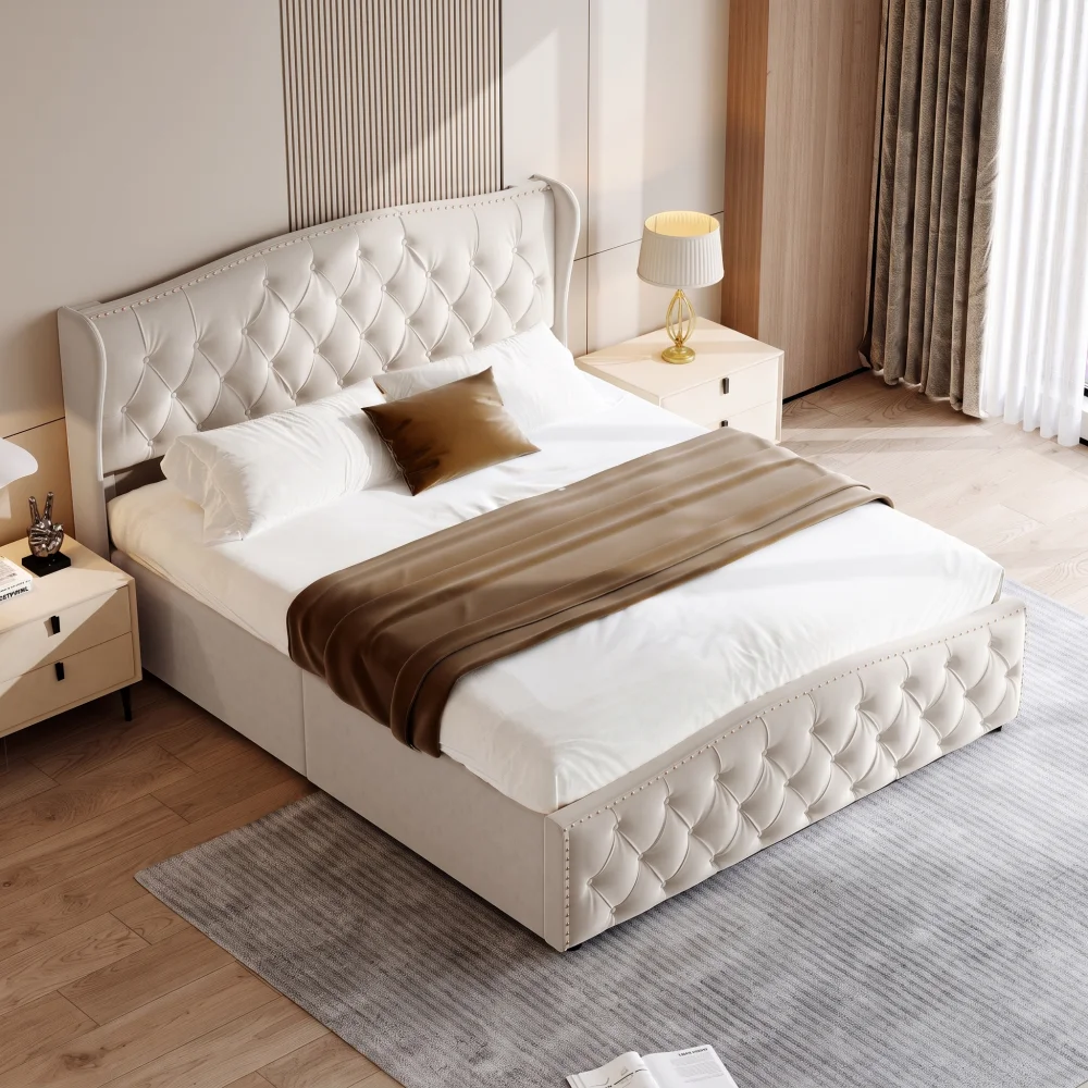 Letto con contenitore 160 x 200 cm, letto imbottito, letto con meccanismo idraulico, letto matrimoniale con doghe, spazio contenitivo, letto funzionale, colore bianco sporco, rivestimento in velluto.