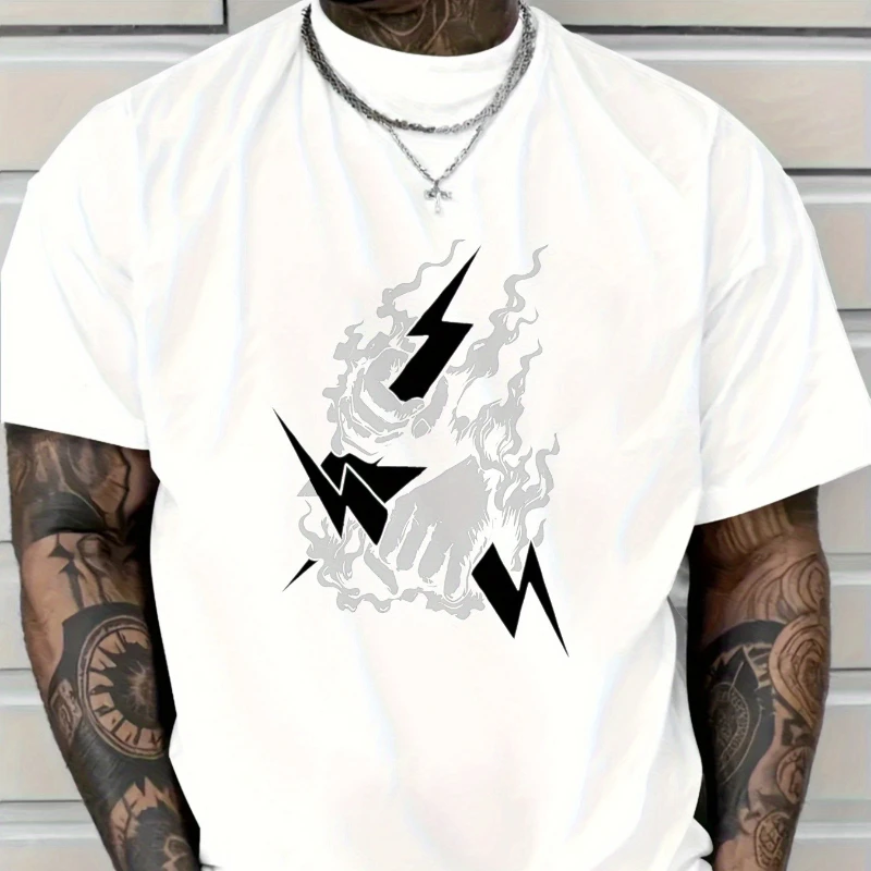 

2025 Men'S New Casual Pure Cotton T-shirt Lightning Bolt and Smoke Graphic Design Comfortable and Stylish Ideal for Daily Wear