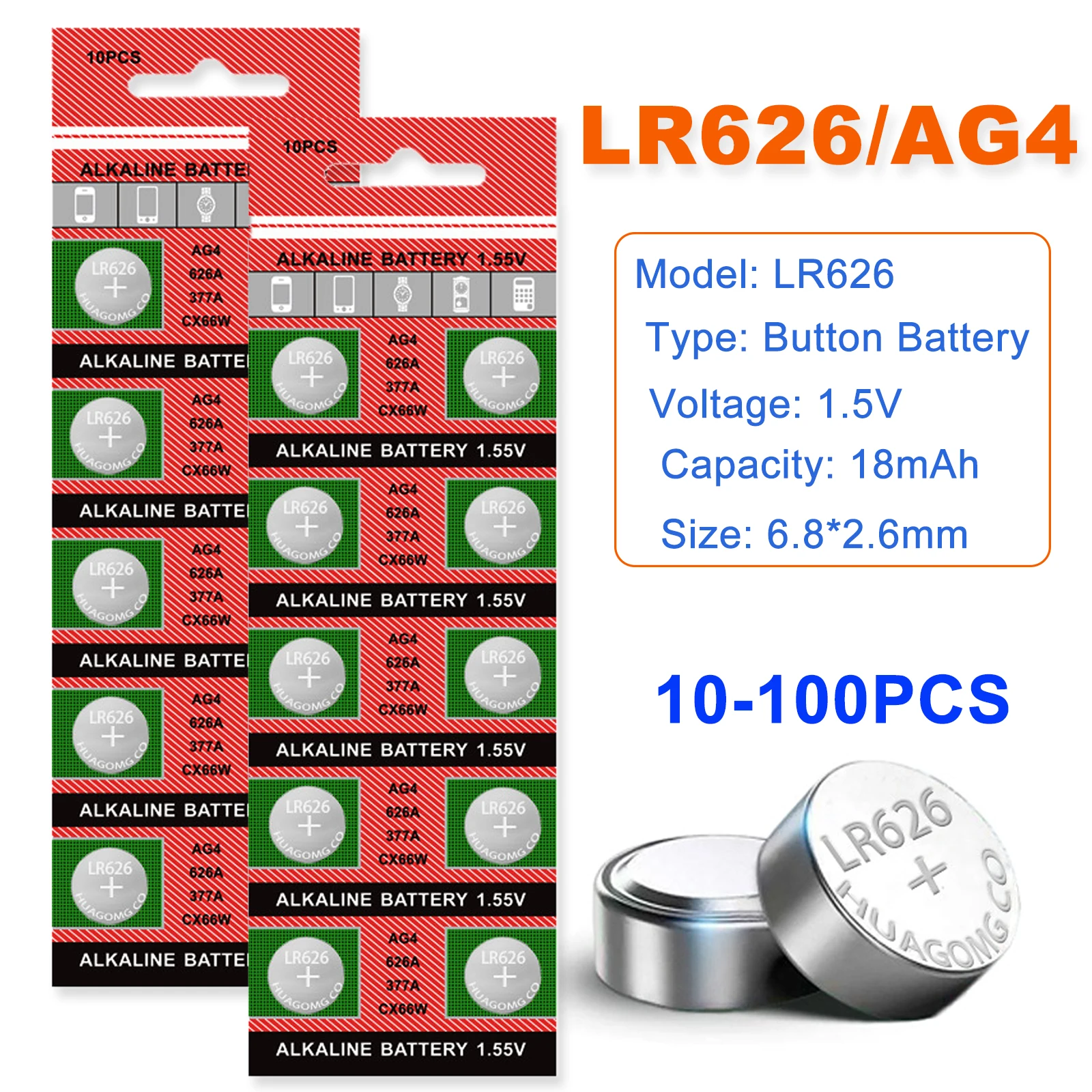 10Pcs-100Pcs LR626/AG4 1.5V Alkaline Button Batteries 377 SR626SW LR66 Cell Coins Watches Battery For Electronic Toys LED Light