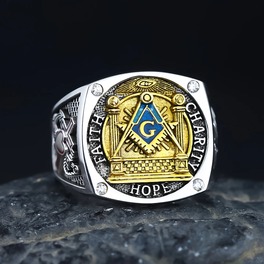 Mens Masonic Faith Hope and Charity Love Freemason Sterling Silver Ring