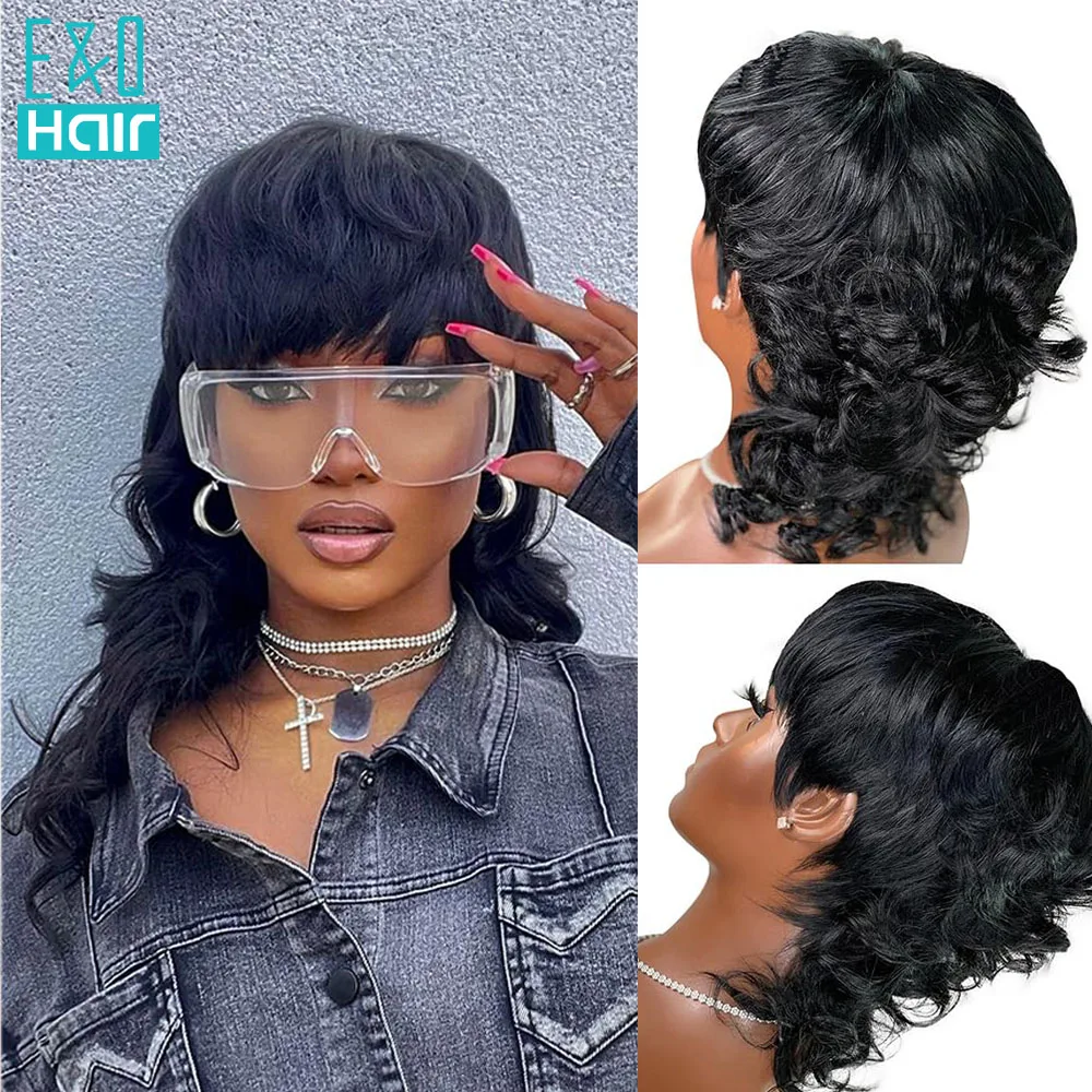 

Mullet 80s 90s Short Pixie Cut Wigs Human Hair 180% Density Shaggy Layered Cut Wig With Bangs for Women Wolf Cut Machine Wigs