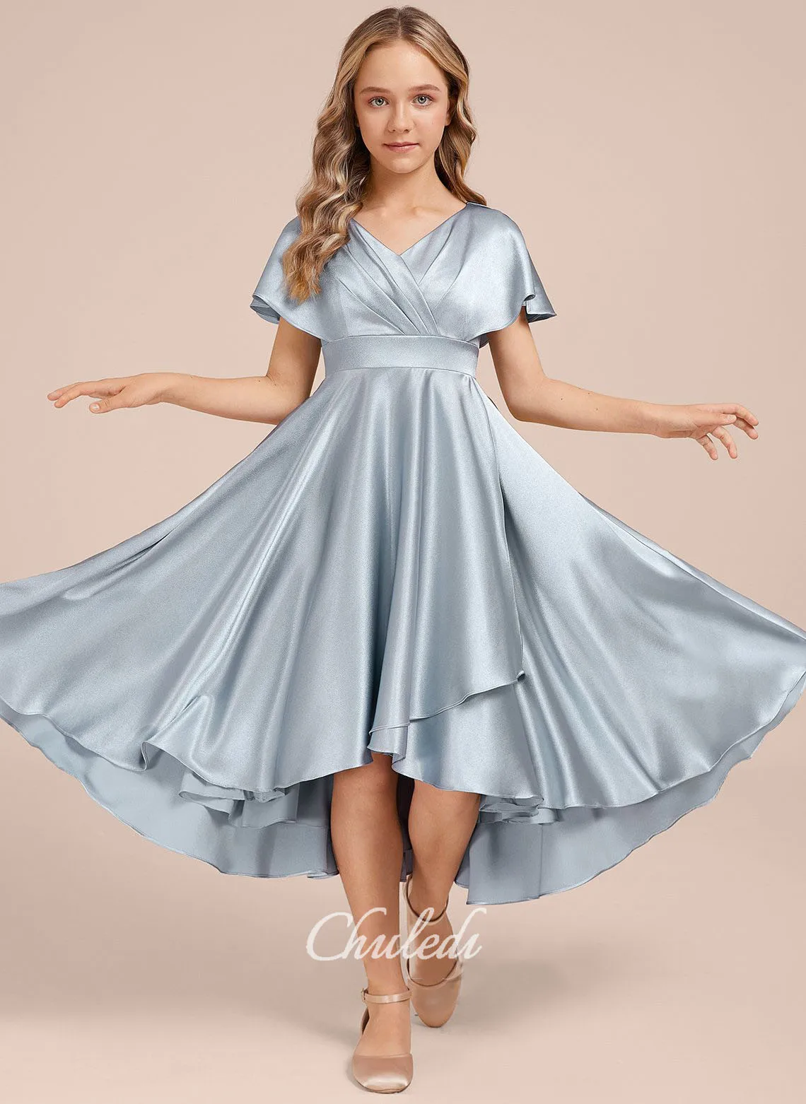 

A-line V-Neck Asymmetrical Stretch Satin Junior Bridesmaid Dress