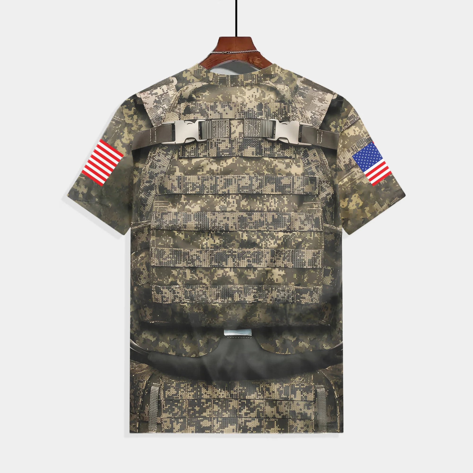 Sommer Militär-Tarnmuster US-Flagge Ärmel 3D Taktische Weste Muster Herren Figurbetonte Atmungsaktive Kurzarm-Angler- und Schießshirts – Detail 4