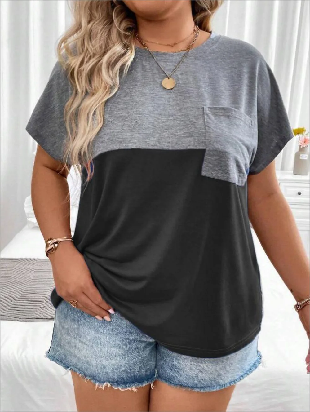 Plus Size European and American Cross Border New Women\'s Loose Short Sleeve Patchwork Pocket T-shirt Top