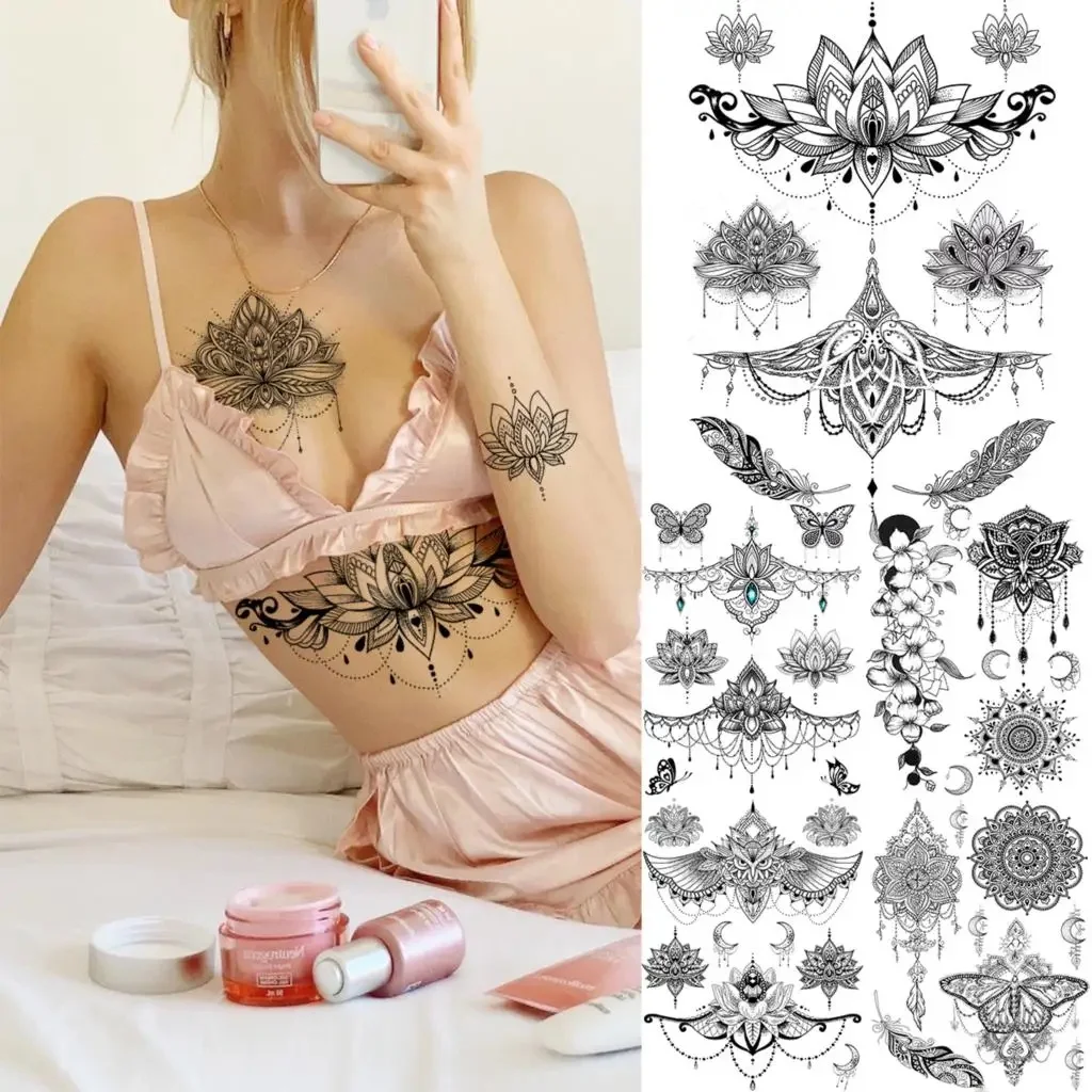 Tatouages temporaires au henné, pendentif Lotus Mandala noir, Sexy, pour femmes, sous le dessus, plume de papillon adulte, faux tatouage pour bras