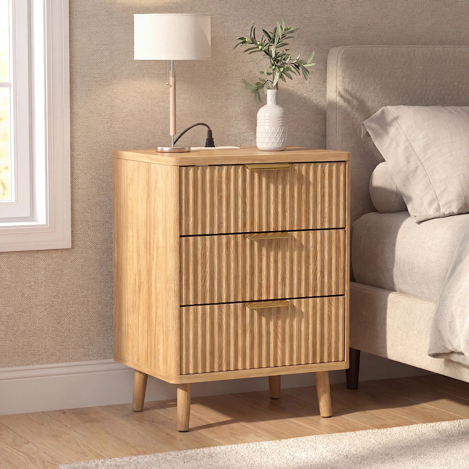 

Set of 2 Fluted Nightstand with USB Ports 3 Drawer Wood Bedside Table with Charging Station for Bedroom