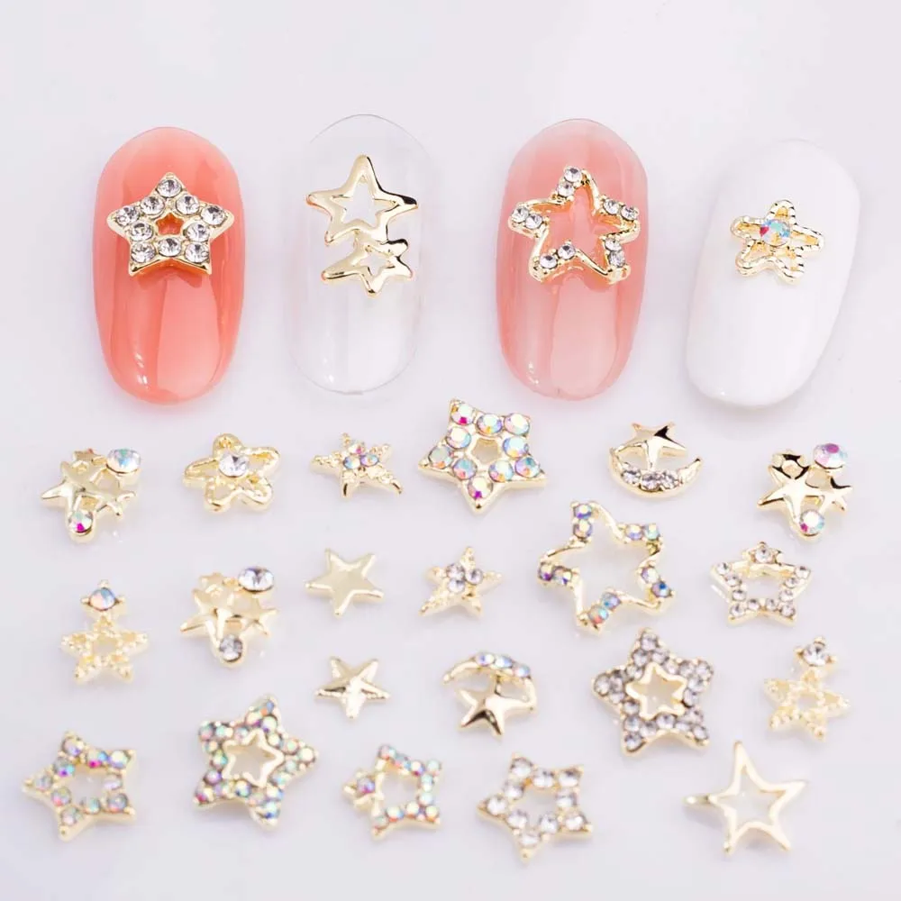 10Pcs Star Alloy Nail Art Jewelry Charm 3D Five-Pointed-Star Silver Crystals Diamond DIY Nail Art Trinkets Luxury Manicure Decor