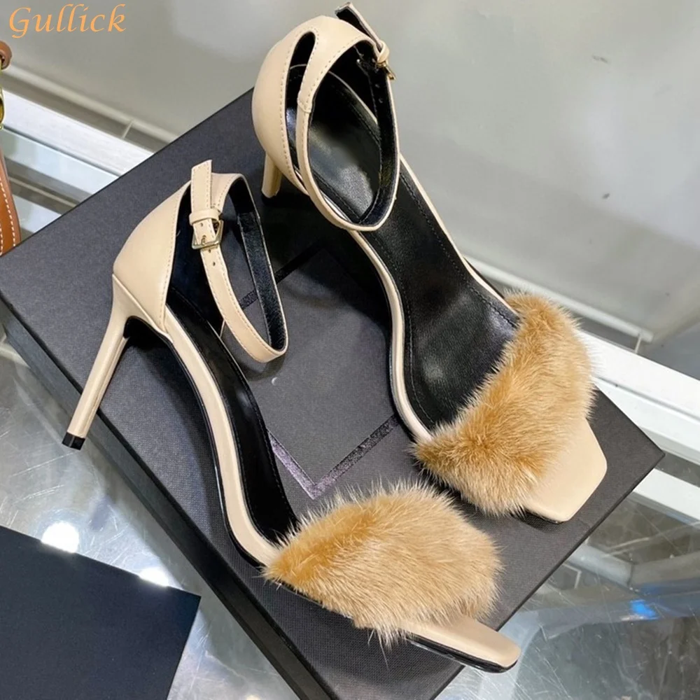 Fur Stiletto Heel Nude Sandals Square Toe One Word Belt Ankle Strap Sandalias Women Luxurious Party Banquet Shoes High Heels