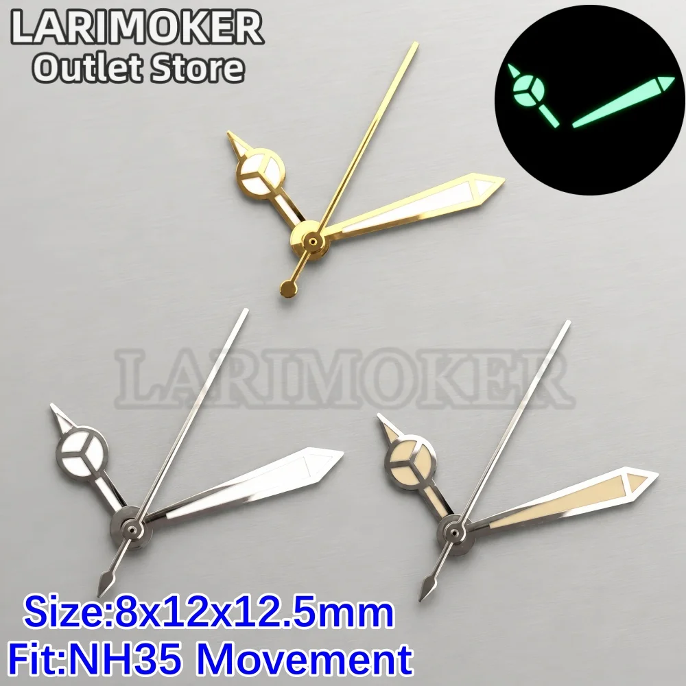 LARIMOKER Three-Spoke Sword Watch Hands Set Green Luminous Silver Gold Fit NH35 Automatic Movement Repair Parts