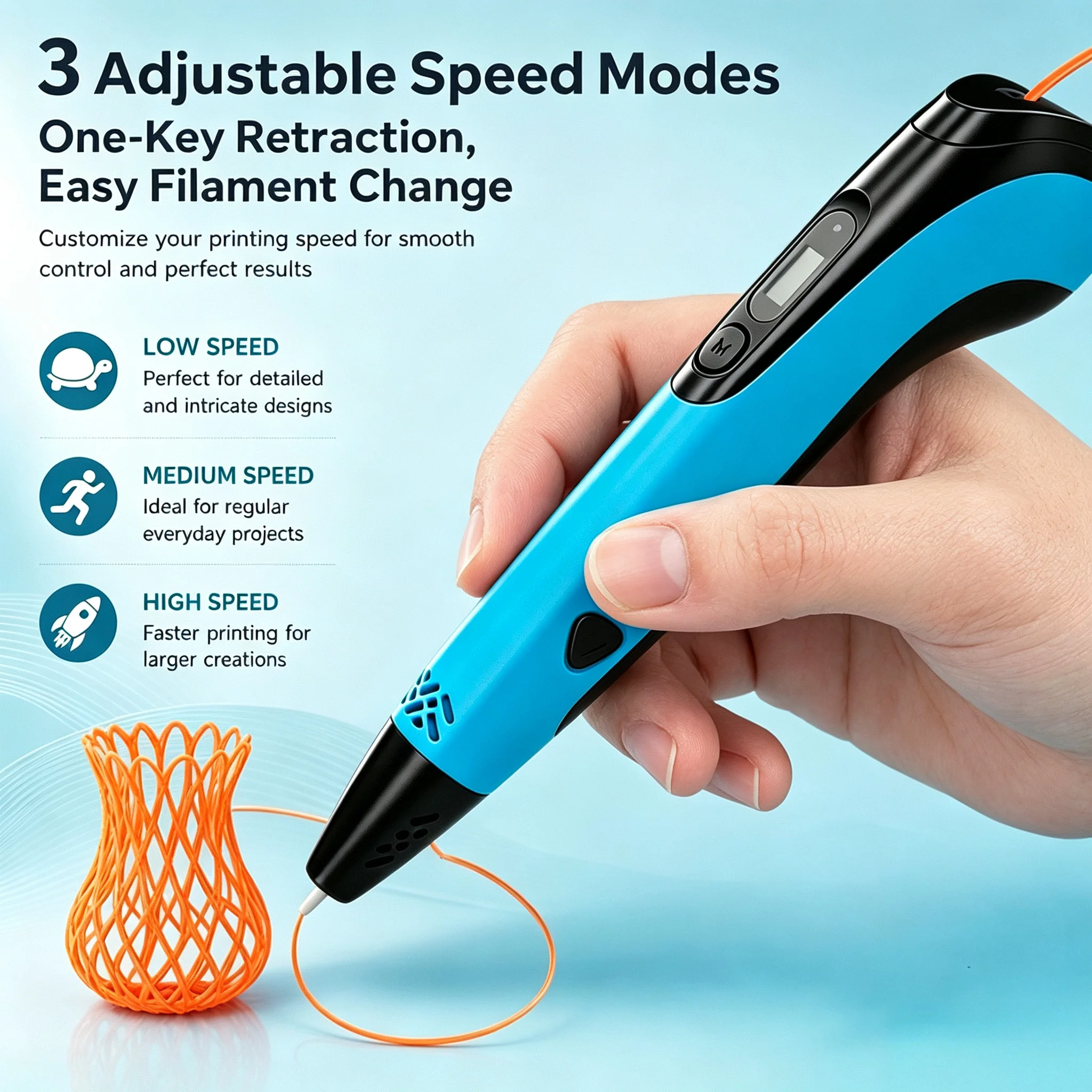New LCD digital 3D printing pen kit with a choice of pink, white, and blue bodies. Adjustable speed settings in three modes. Mul