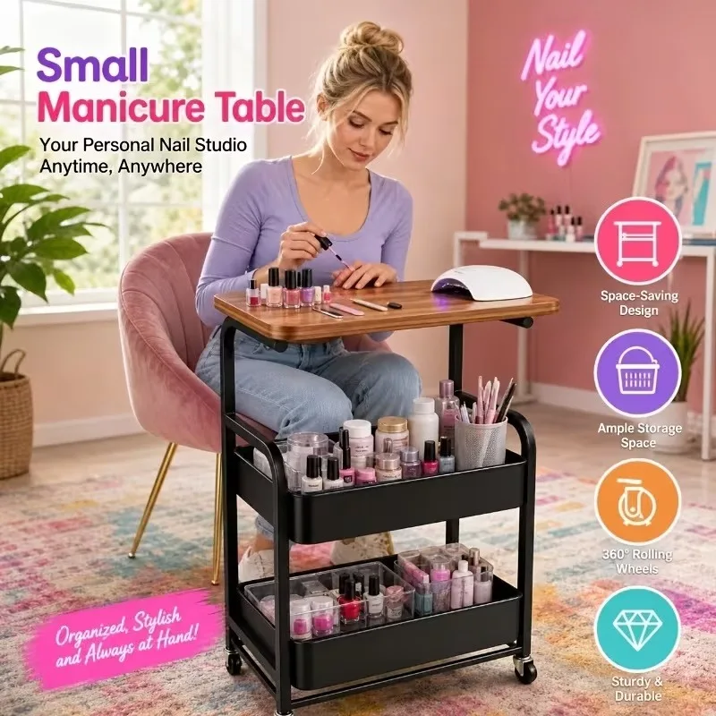 Nail Cart with Wheels, 3-Tier Rolling Manicure Table with Wooden Top & Locking Casters, Mobile Nail Station Storage Cart for Nail Polish Organizer, Home Salon Beauty Trolley, Space-Saving
