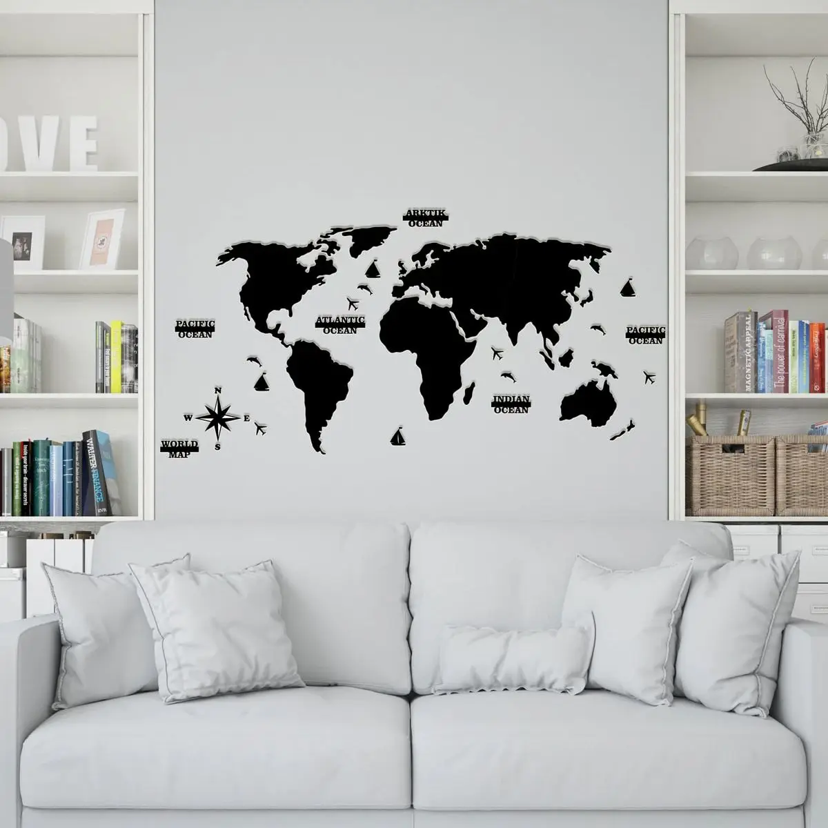 2D Decorative Wooden World Map Wall Decoration for Home Office Living Room Black World Map Wall Decoration and Accessory