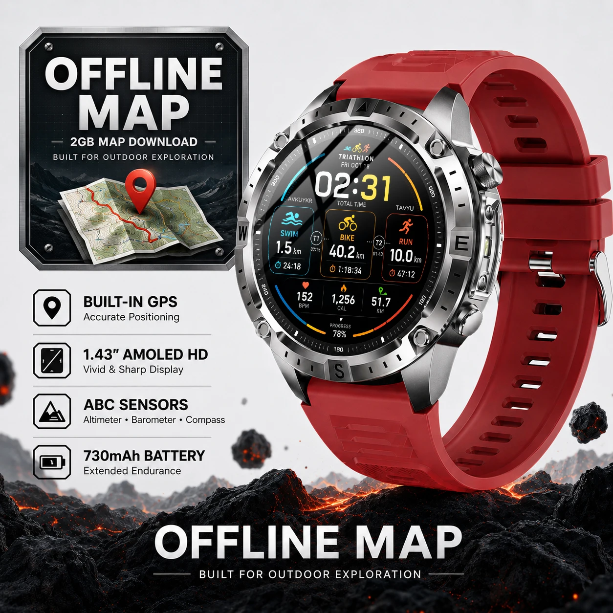 2026 New Offline Map GPS Smart Watch 2GB Map Download 730mAh Battery 1.43 AMOLED Built-in GPS ABC Sensors Outdoor Sports Men Pro
