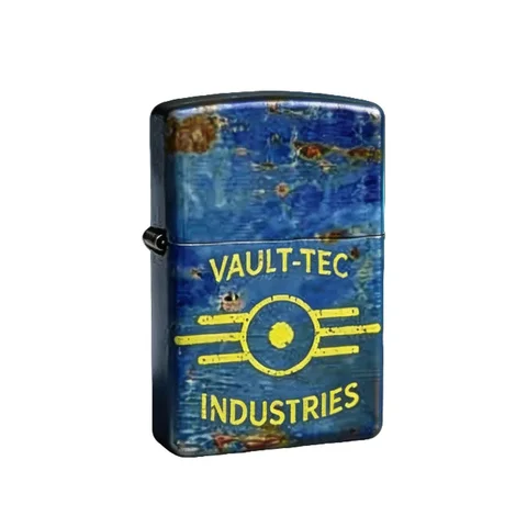 Isqueiro VaultTec Industries Vintage Azul Envelhecido de Metal com Tampa Articulada, Detalhes de Ferrugem, Ignição à Prova de Vento, Desempenho Confiável (Combustível Não Incluído)