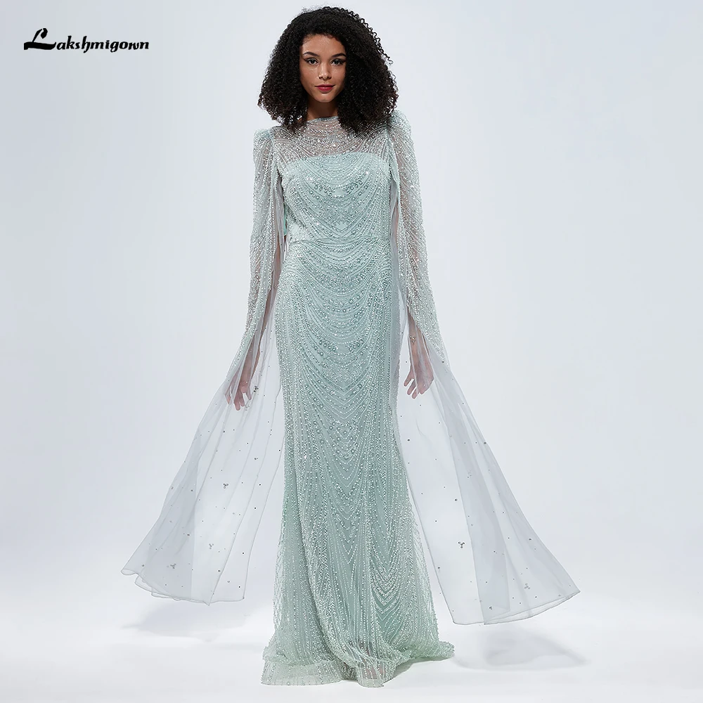 Lakshmigown Turquoise Cape Sleeves Luxury Beaded Mermaid Arabic Evening Dresses Gowns For Women Wedding Party