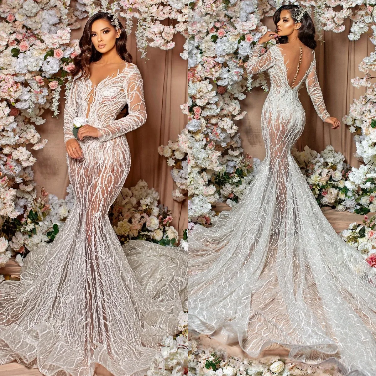 

Elegant Mermaid Wedding Dress Long Sleeve Sheer Neck Lace Appliqued Illusion Bodice Bridal Gowns Beach Country robes de mariée