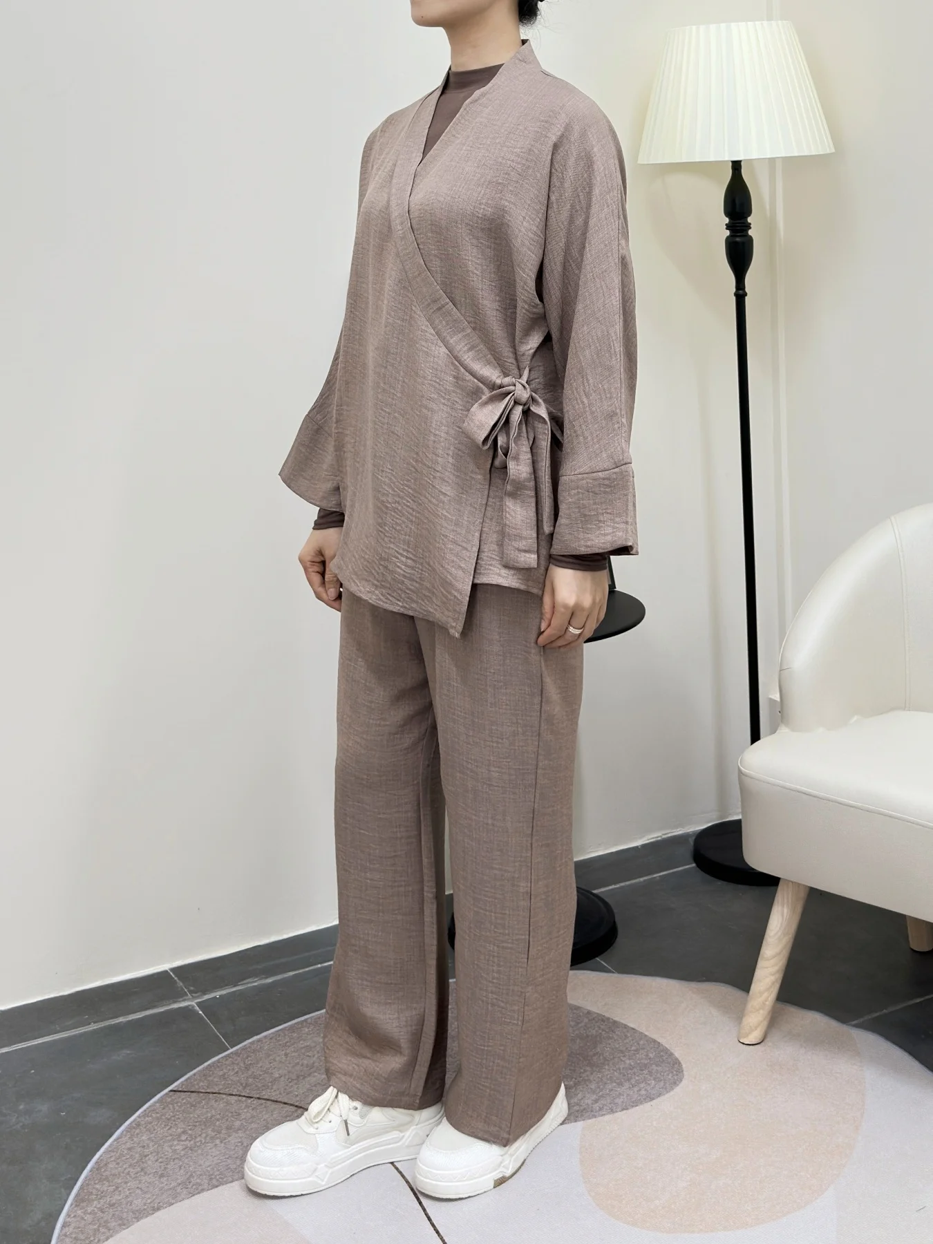 Fumidar Kimono Top and Pants Set Loose Casual Outfit with Tie Closure Wide Leg Trousers Pajama StyleFor Women