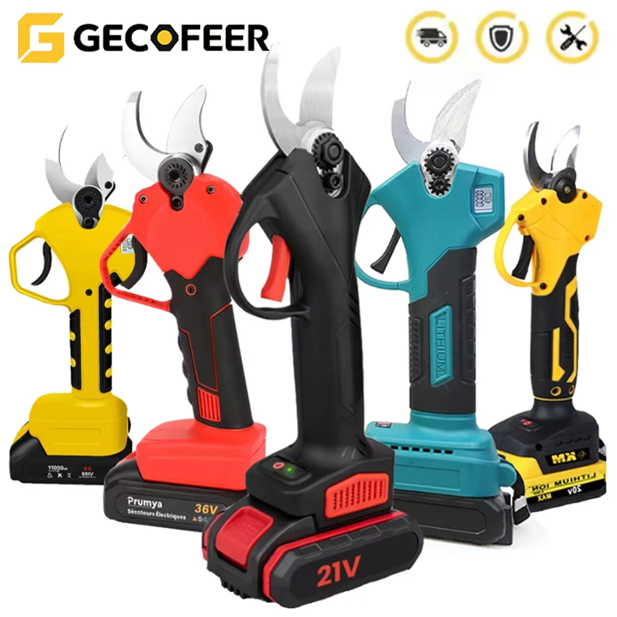 GECOFEER 50/40/30/25 mm Brushless Electric Pruner Pruning Shears Cordless Fruit Tree Bonsai Pruning Branches Cutter Power Tool