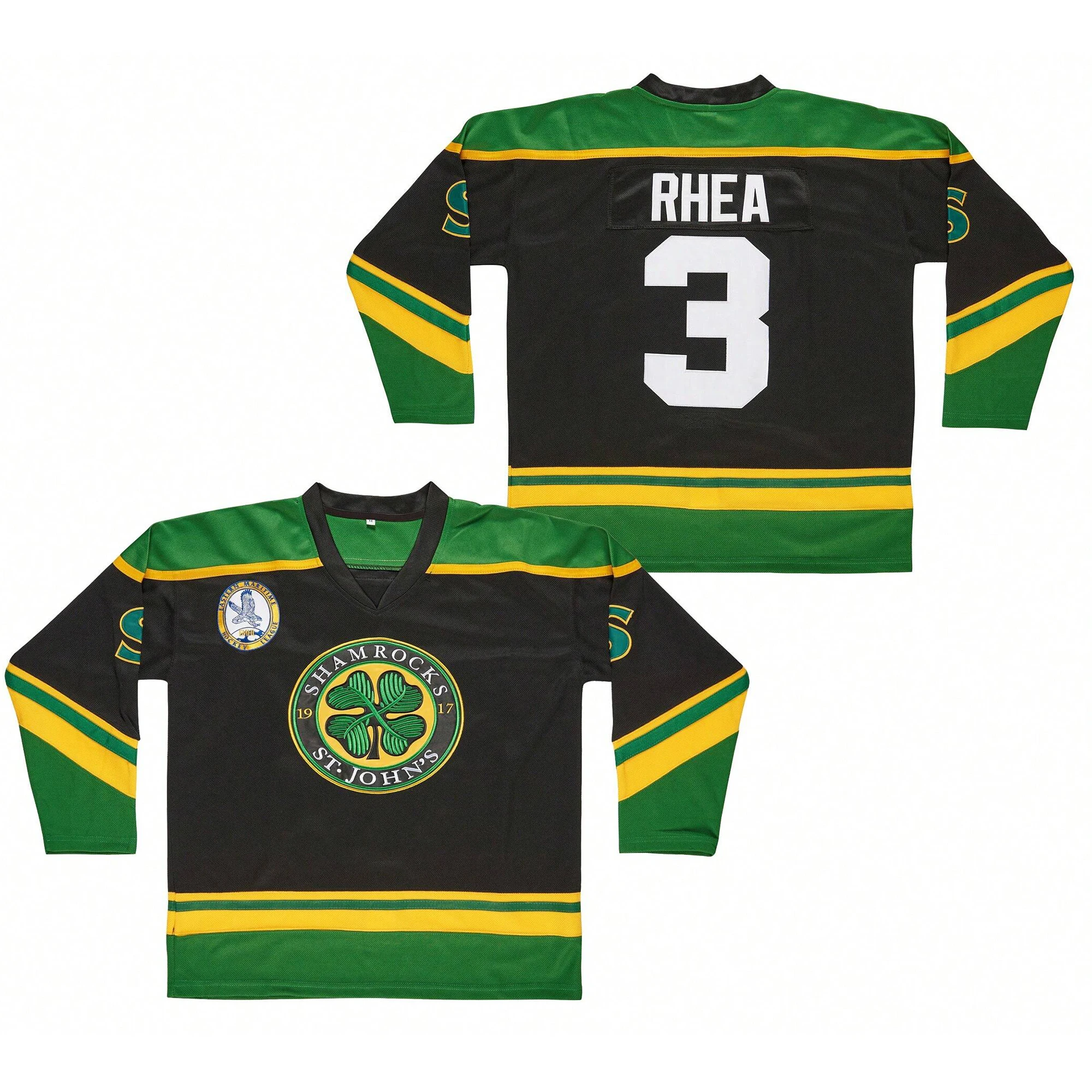 Men's Black #3 Ross The BOSS Rhea StJohn's Clovers Embroidered Hockey Jersey, Long Sleeve EMHL Patch Letterkenny Movie Fan Uniform,Halloween Holiday Gift