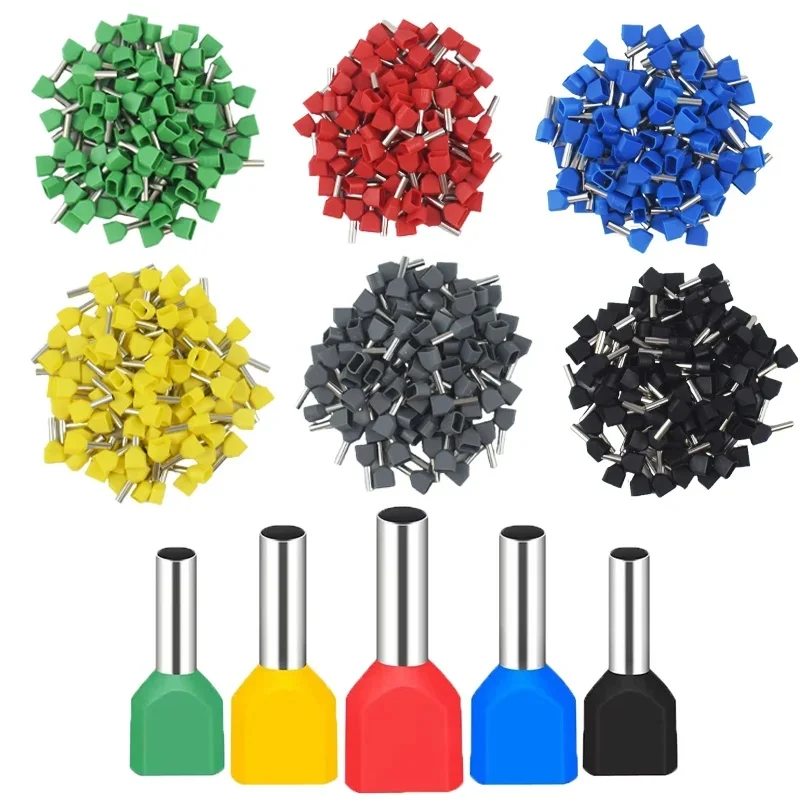 Borne tubulaire isolée en forme de tube à double ligne, extrémité pressée à froid, TE0508, TE1008, TE1508, TE2508, TE6014Double tuyau, 100 ~ 0.5 ², 6.0 pièces