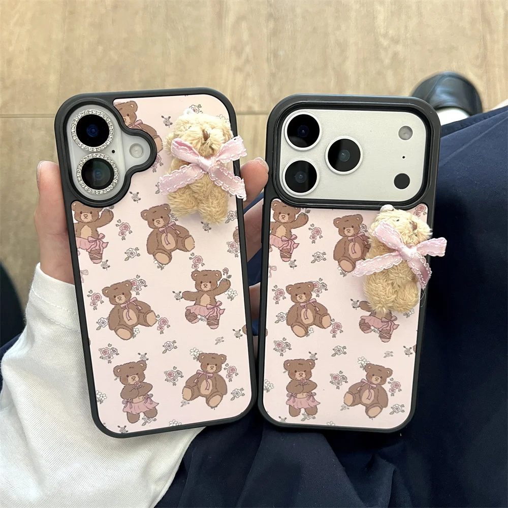 

Warm fluffy plush bear cute bow flower phone case for iPhone 17 Pro Max 16 Pro 13 14 15 Fundas protective cover For Apple 17 Pro
