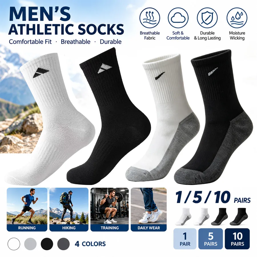 10-1 Pairs Unisex Sports Socks Sweat Absorbent Breathable All Season Socks for Daily Casual Outdoor Hiking Fitness Training Yoga