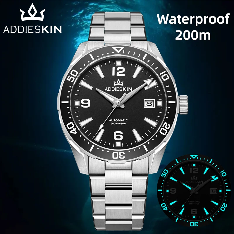 Addieskin K009 Black Sandblasted Dial Ceramic Bezel Automatic Watch Men Sapphire Crystal BGW9 Luminous 200m Waterproof Stainless