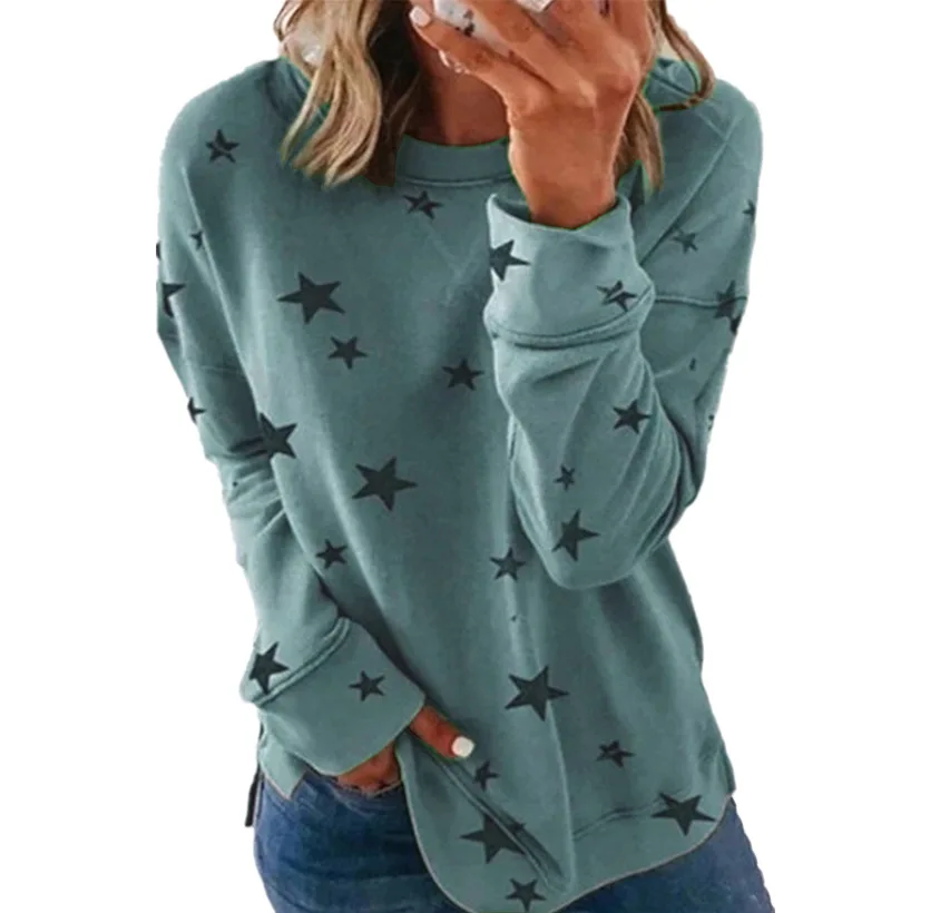 European and American Womens Fashion Star Print T Shirt Long Sleeve O Neck Tops Casual Tee Shirt Streetwear