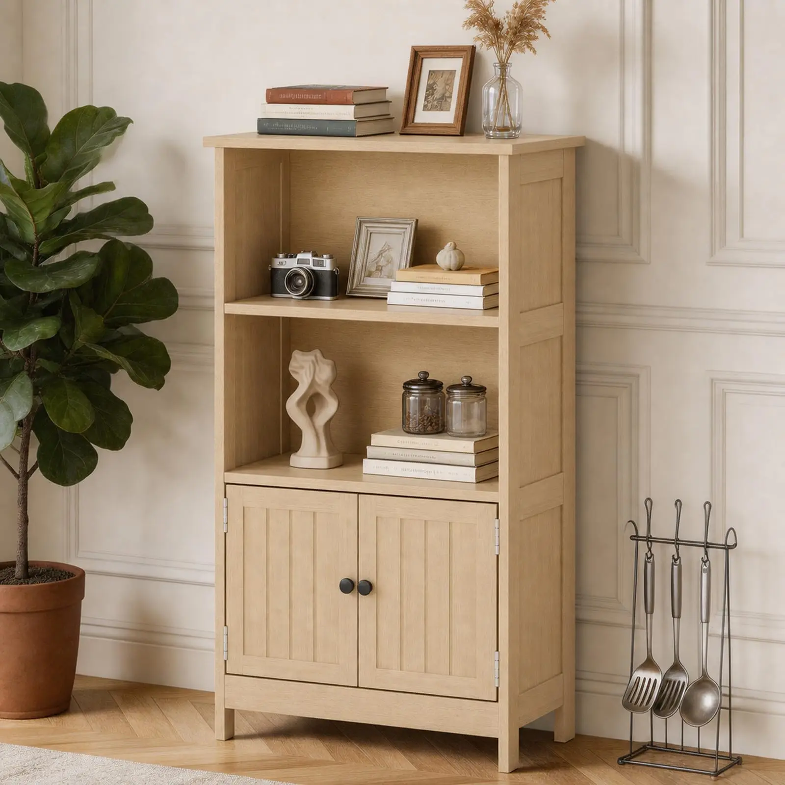 Mobile contenitore in legno autoportante con doppie ante, sistema di scaffalature a 3 livelli con ripiani aperti, ideale per bagno, soggiorno e cucina, credenza sottile e stabile, mobile da ingresso,