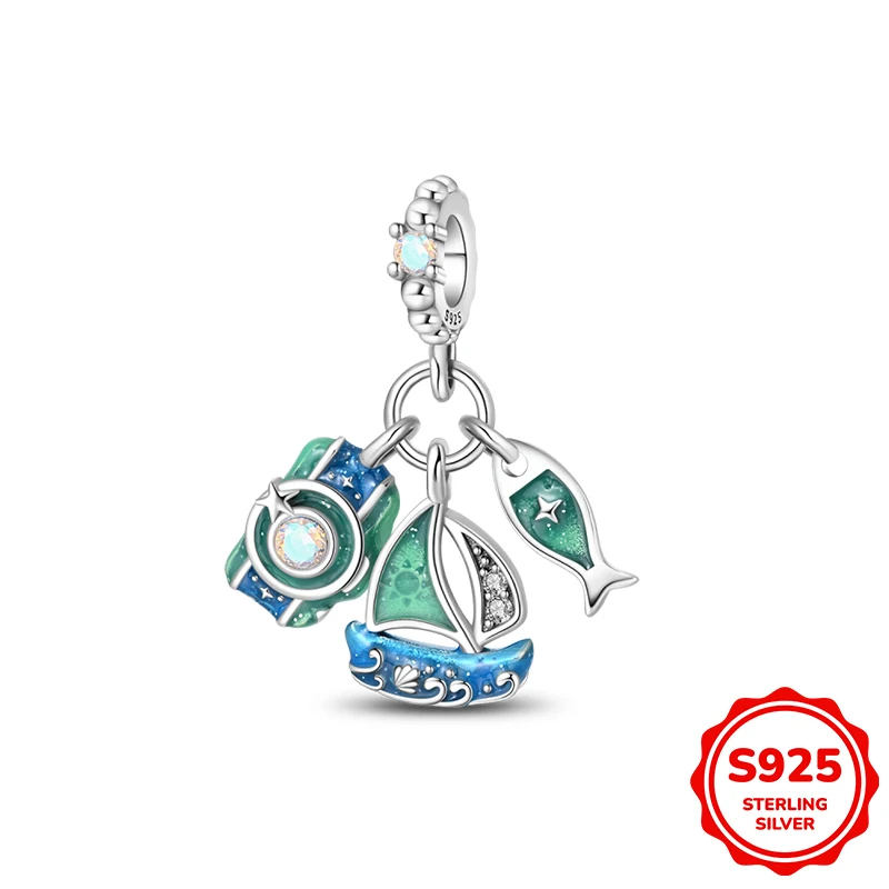 Juego de colgantes de plata 925 de tres piezas con diseño de diario de navegación, abalorio compatible con pulseras de 3 mm para mujer, regalo de joyería fina de lujo DIY