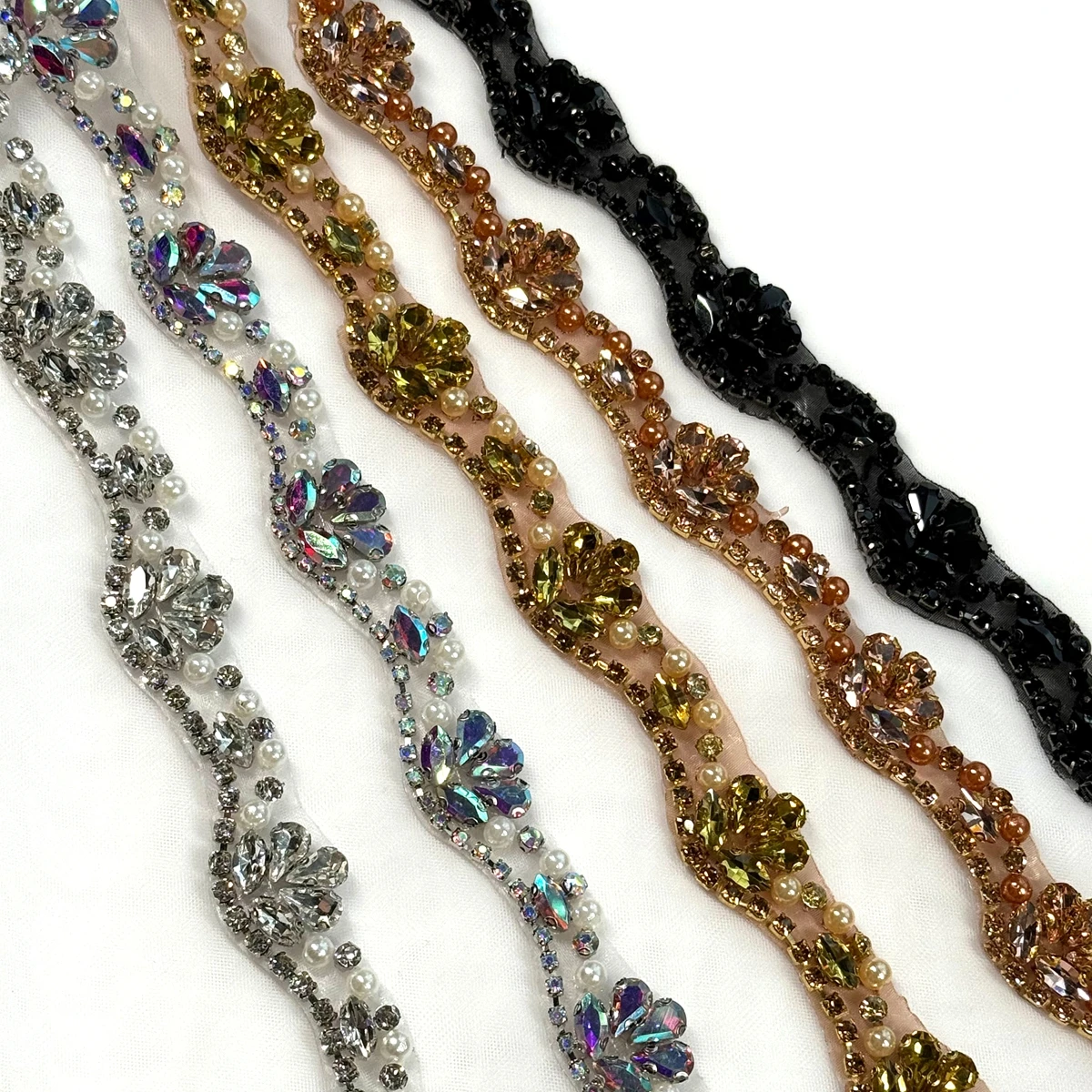 HelluyerDc AB,black,gold,champgane,silver rhinestones beaded chain trim,rhinestones belt,2cm wide,90cm length,iron or sew on